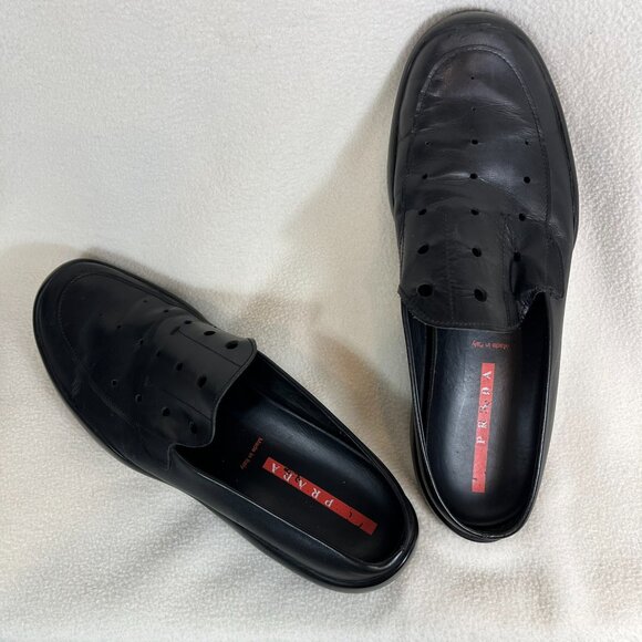 Prada Men's Black Leather Loafers Slip On Breathable Clog Size 11 - Picture 2 of 10